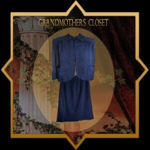 EUC: Vintage 60s Ni-Nel Navy Blue Beaded Suit Set Jacket & Skirt Size see desc